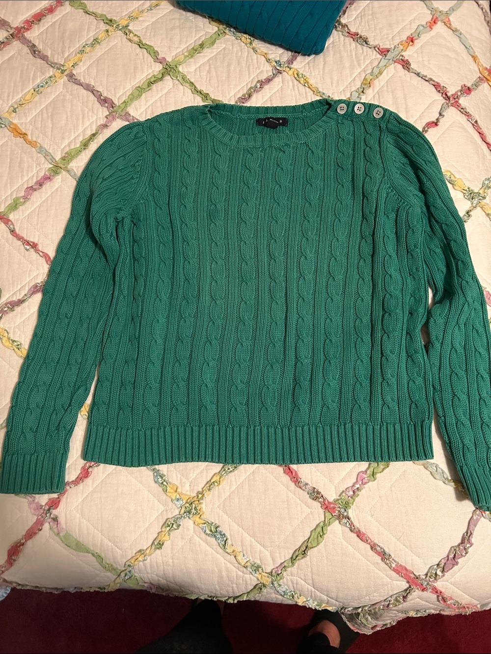 Lands' End Teal Cable-Knit Crewneck Sweater with Shoulder Buttons